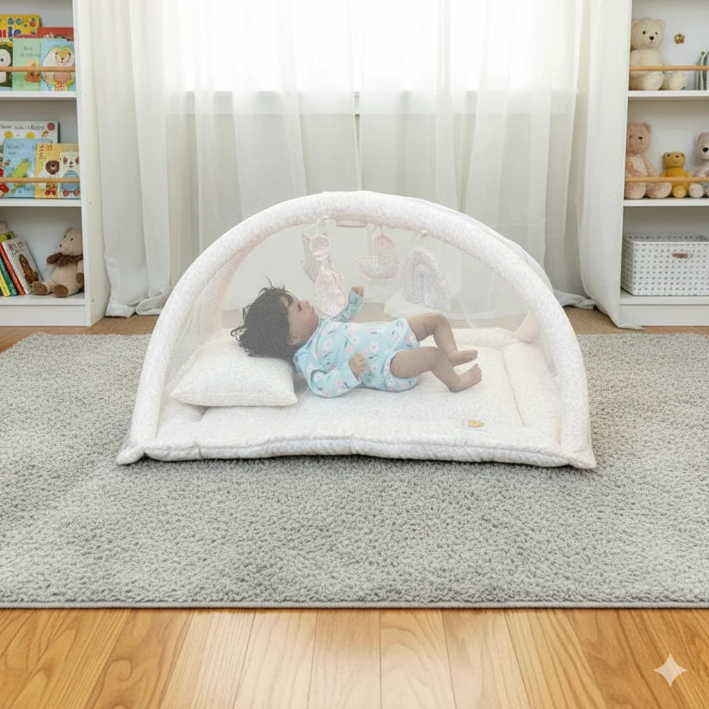 Baby Snuggle Bed with Mosquito Net, Pillow & Hanging Toys – Floral Design - Paidaish 