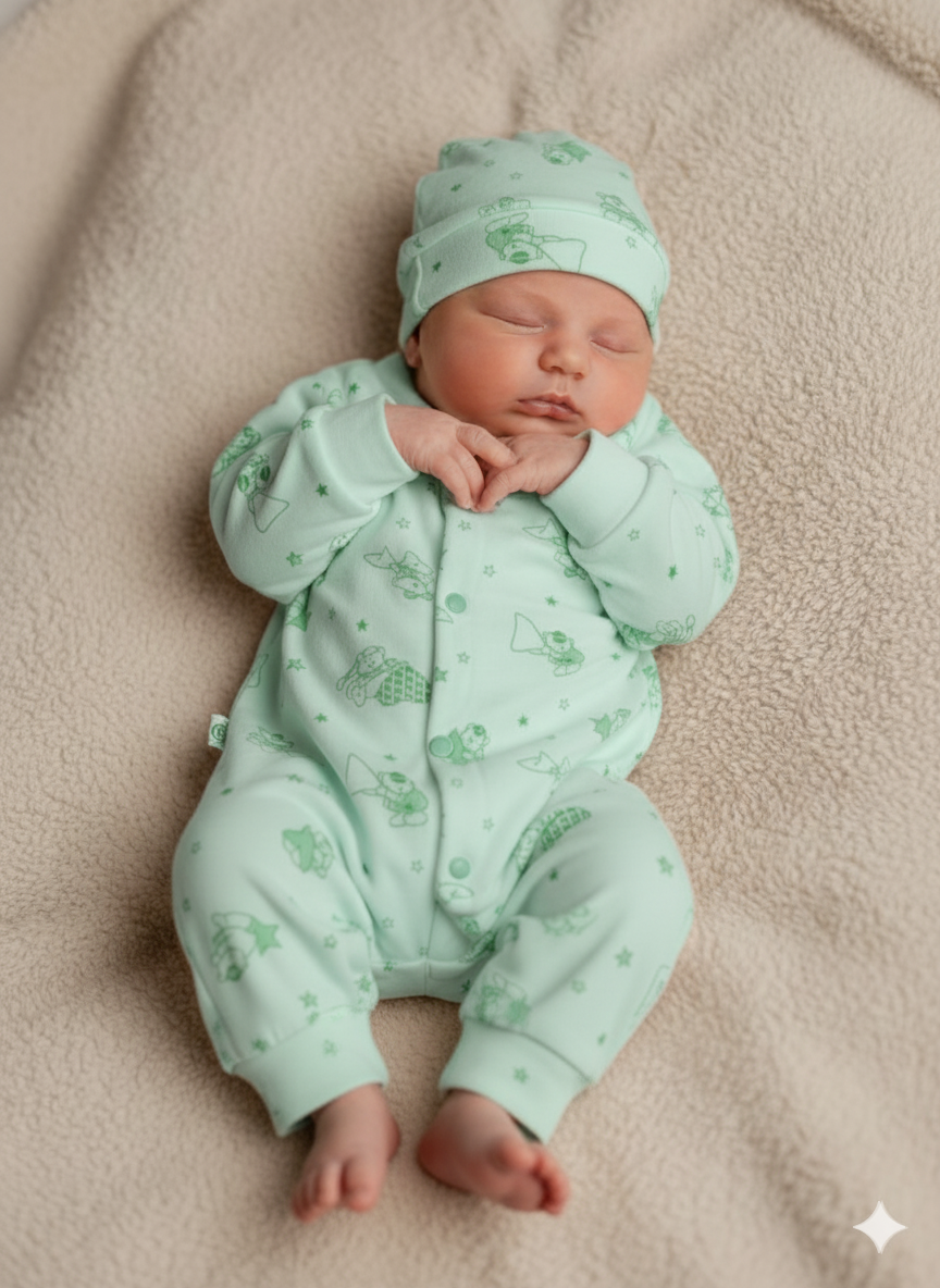 Premium Velvet Baby Romper with Cap (0–3 Months)- Floral Green
