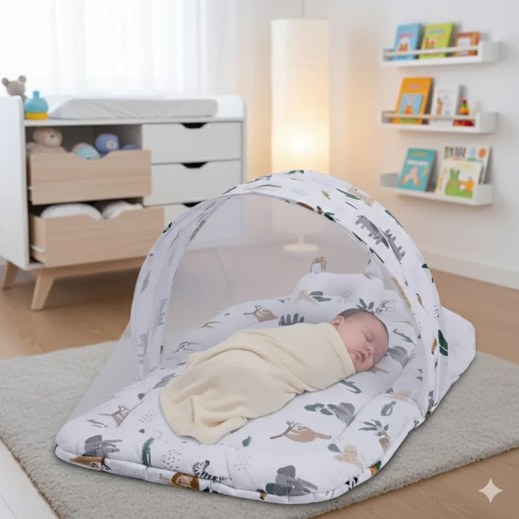 Printed Cotton Baby Mosquito Net with Head Shaper Pillow – White Forest - Paidaish 