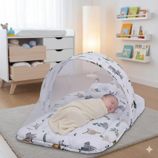 Printed Cotton Baby Mosquito Net with Head Shaper Pillow – White Forest - Paidaish 