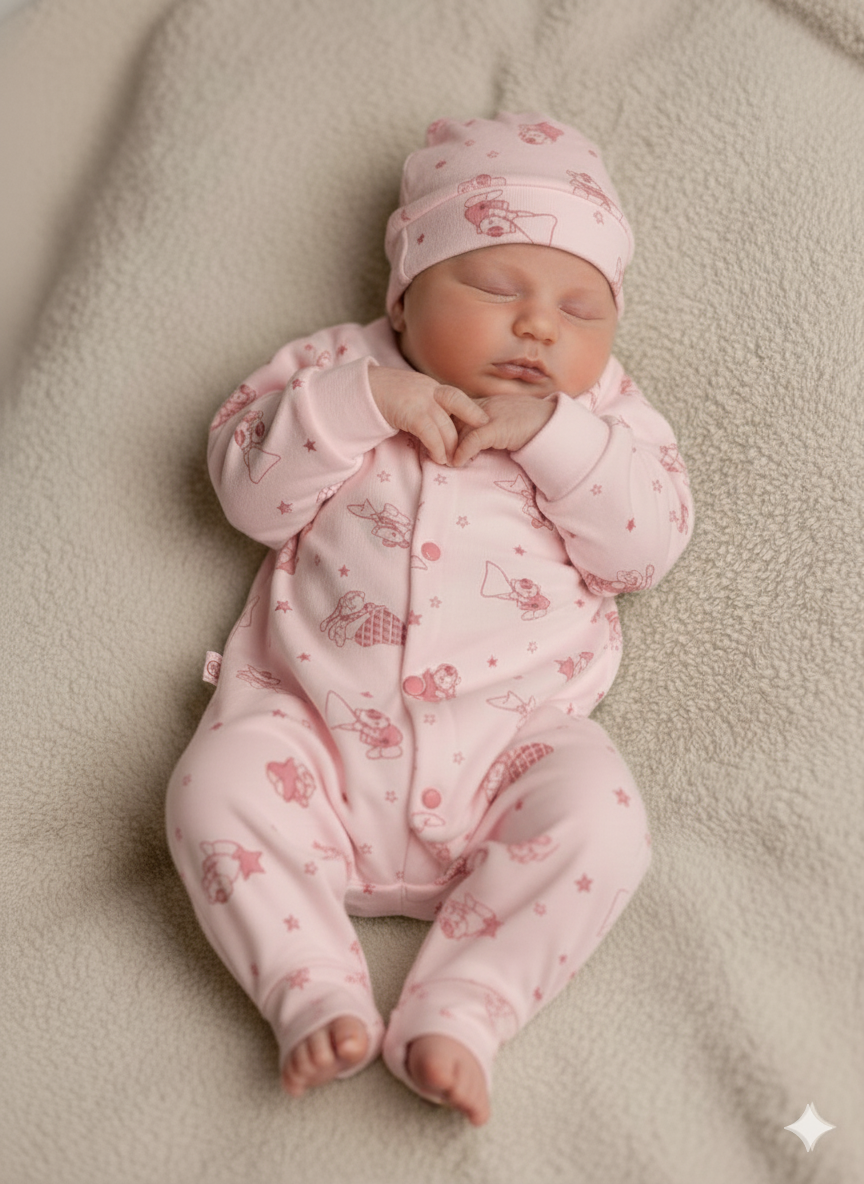 Premium Velvet Baby Romper with Cap (0–3 Months)- Pink
