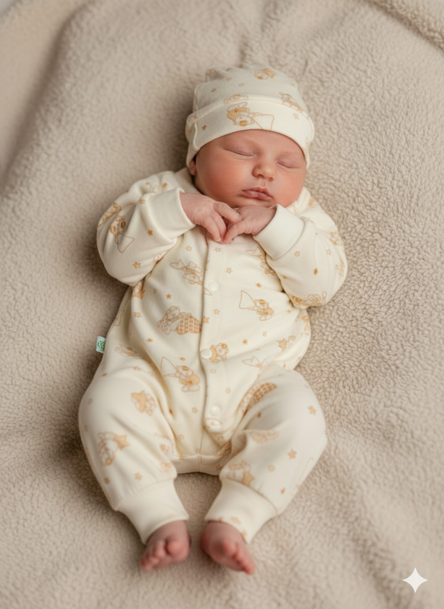 Premium Velvet Baby Romper with Cap (0–3 Months)- Yellow