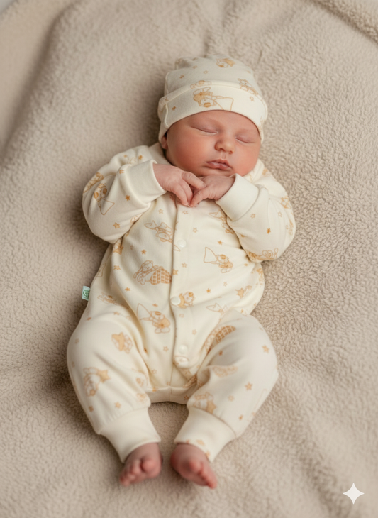Premium Velvet Baby Romper with Cap (0–3 Months)- Yellow