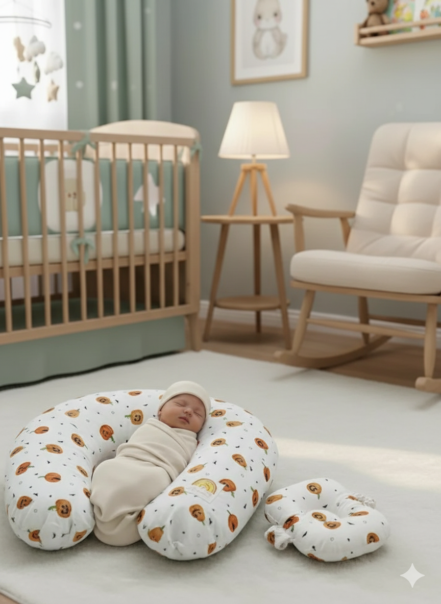 Printed Cotton Baby Nursing Pillow with Removable Cover & Head Pillow – White Pumpkin