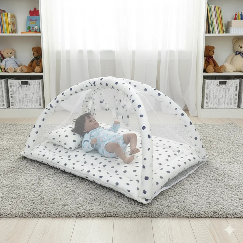 Baby Snuggle Bed with Mosquito Net, Pillow & Hanging Toys – White with Blue Dotted - Paidaish 