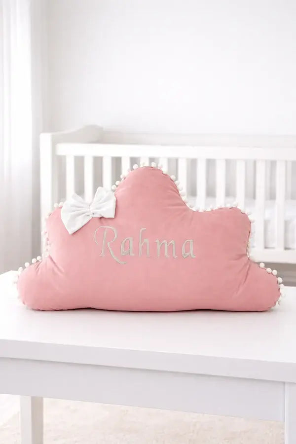 Customized Name Velvet Baby Cloud Cushion – Sea Pink | Personalized Soft Baby Pillow