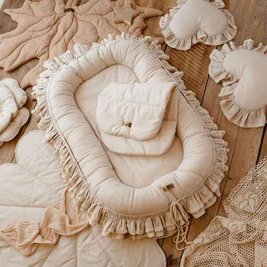 Luxury Cotton Double Frilly Baby Snuggle Bed – Beige | Soft Percale Fabric Nest - Paidaish 