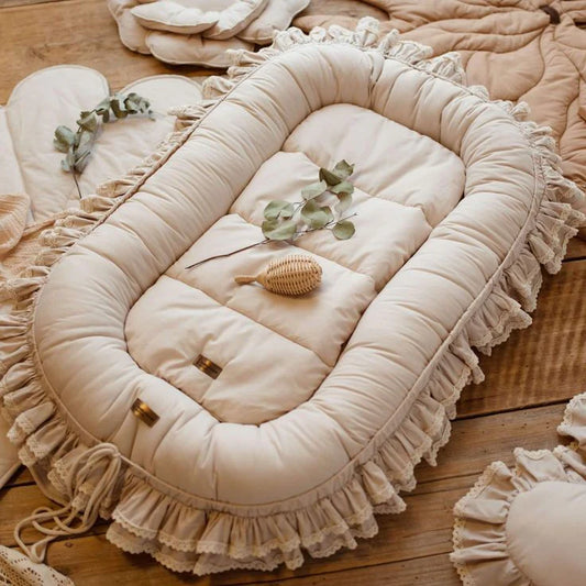 Luxury Cotton Double Frilly Baby Snuggle Bed – Beige | Soft Percale Fabric Nest - Paidaish 