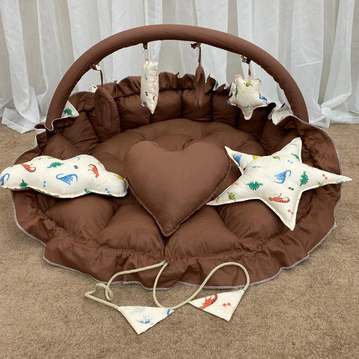 Printed Cotton Baby Round Snuggle Bed with Pillows-Brown Animal