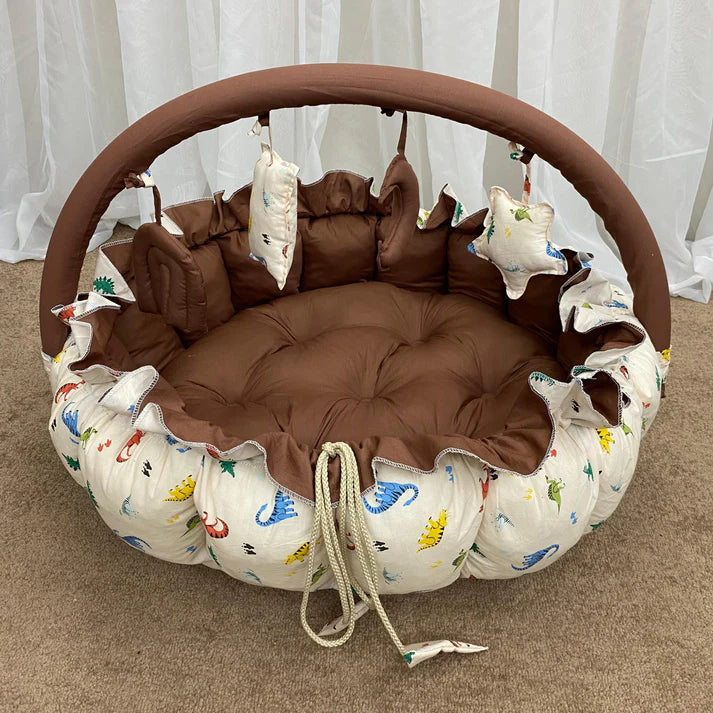 Printed Cotton Baby Round Snuggle Bed with Pillows-Brown Animal