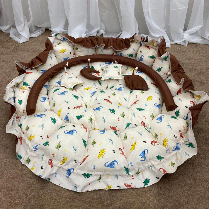 Printed Cotton Baby Round Snuggle Bed with Pillows-Brown Animal