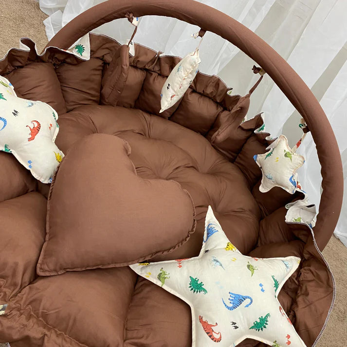 Printed Cotton Baby Round Snuggle Bed with Pillows-Brown Animal