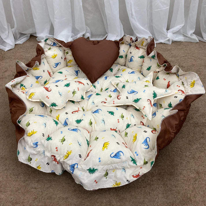 Printed Cotton Baby Round Snuggle Bed with Pillows-Brown Animal