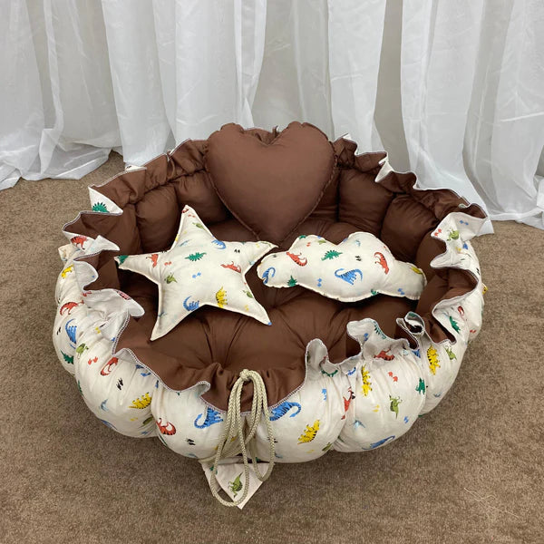 Printed Cotton Baby Round Snuggle Bed with Pillows-Brown Animal