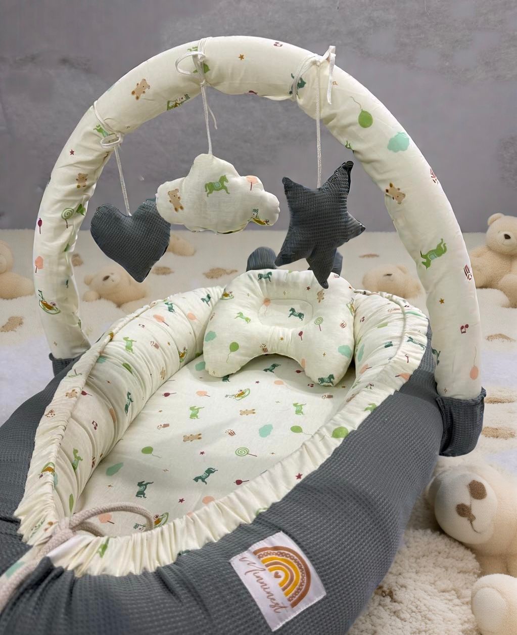 Cotton & Waffle Baby Snuggle Bed with Pillow – Gray | Newborn Baby Nest (0–6 Months)