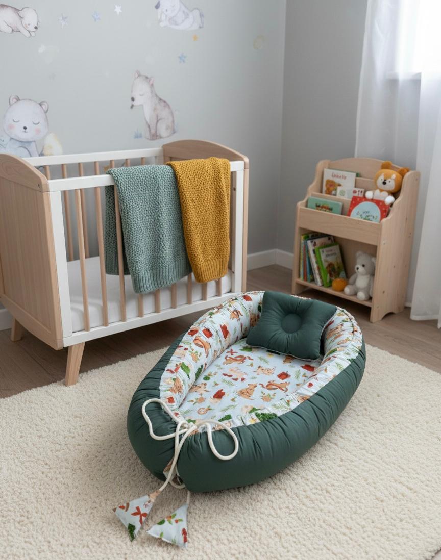 Double Sided Baby Nest with Head Pillow – Dark Green- (0–6 Months)