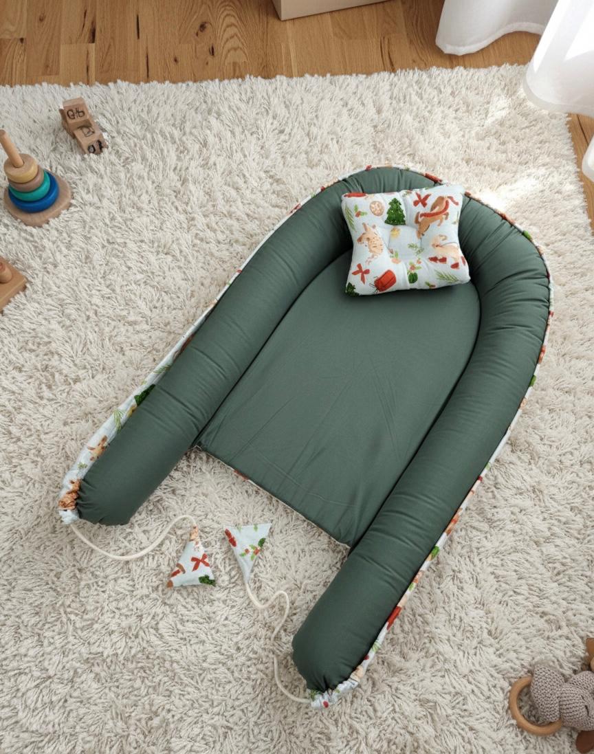 Double Sided Baby Nest with Head Pillow – Dark Green- (0–6 Months)