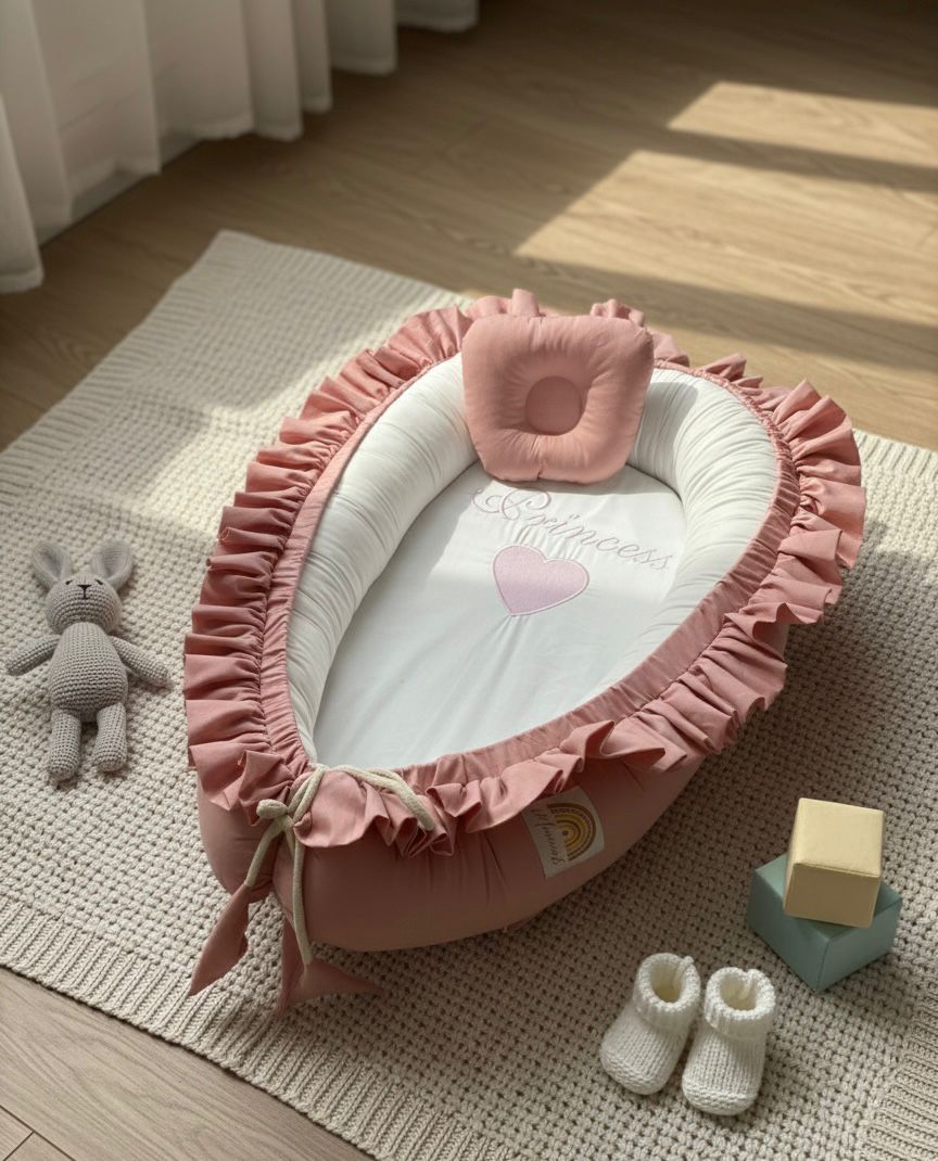 Frilly Cotton Baby Nest with Head Pillow – Pink Princess | Newborn Baby Nest (0–6 Months)