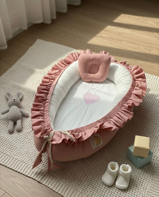 Frilly Cotton Baby Nest with Head Pillow – Pink Princess | Newborn Baby Nest (0–6 Months)
