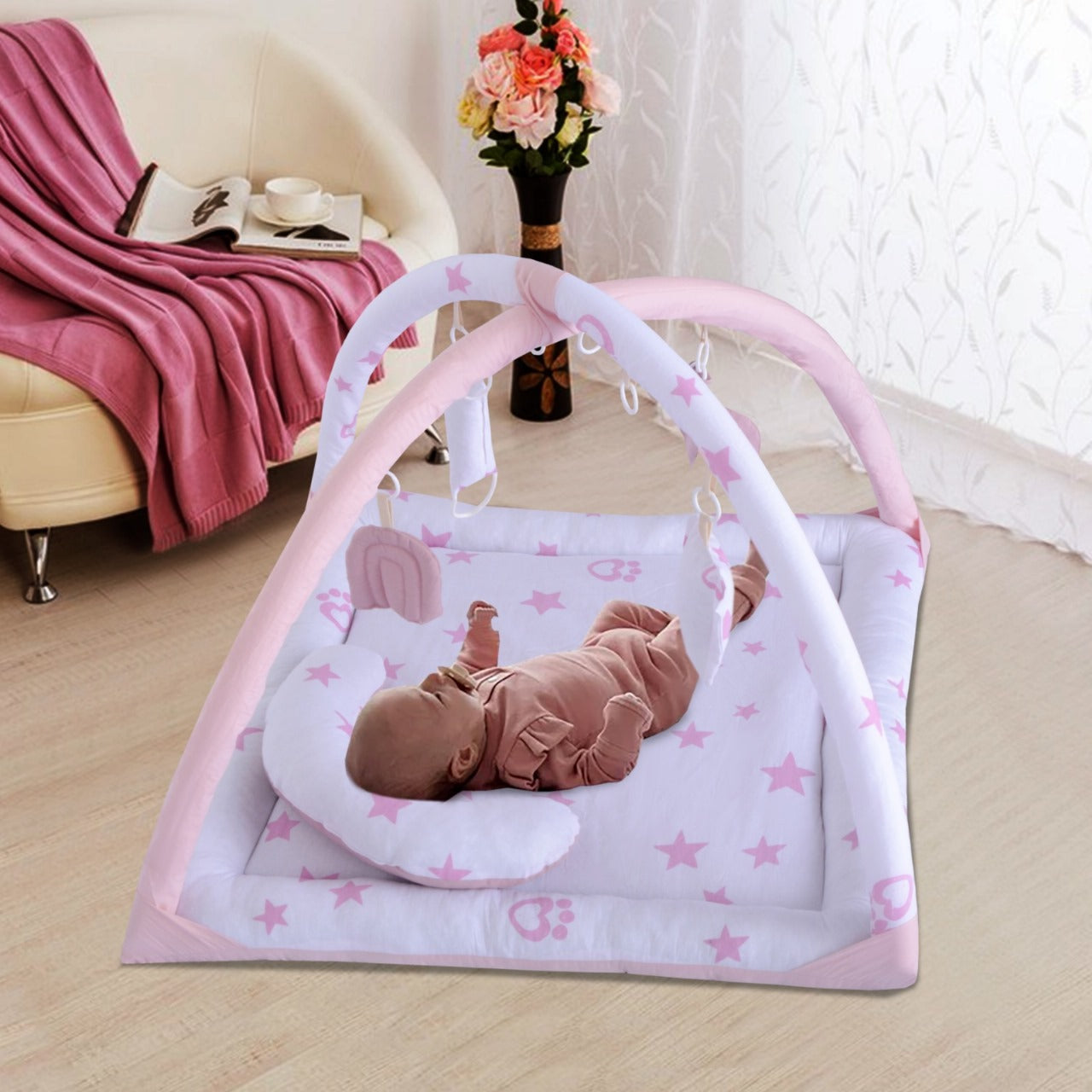 Printed Cotton Baby Playing Mat with Hanging Cushions & Pillow – Pink Star