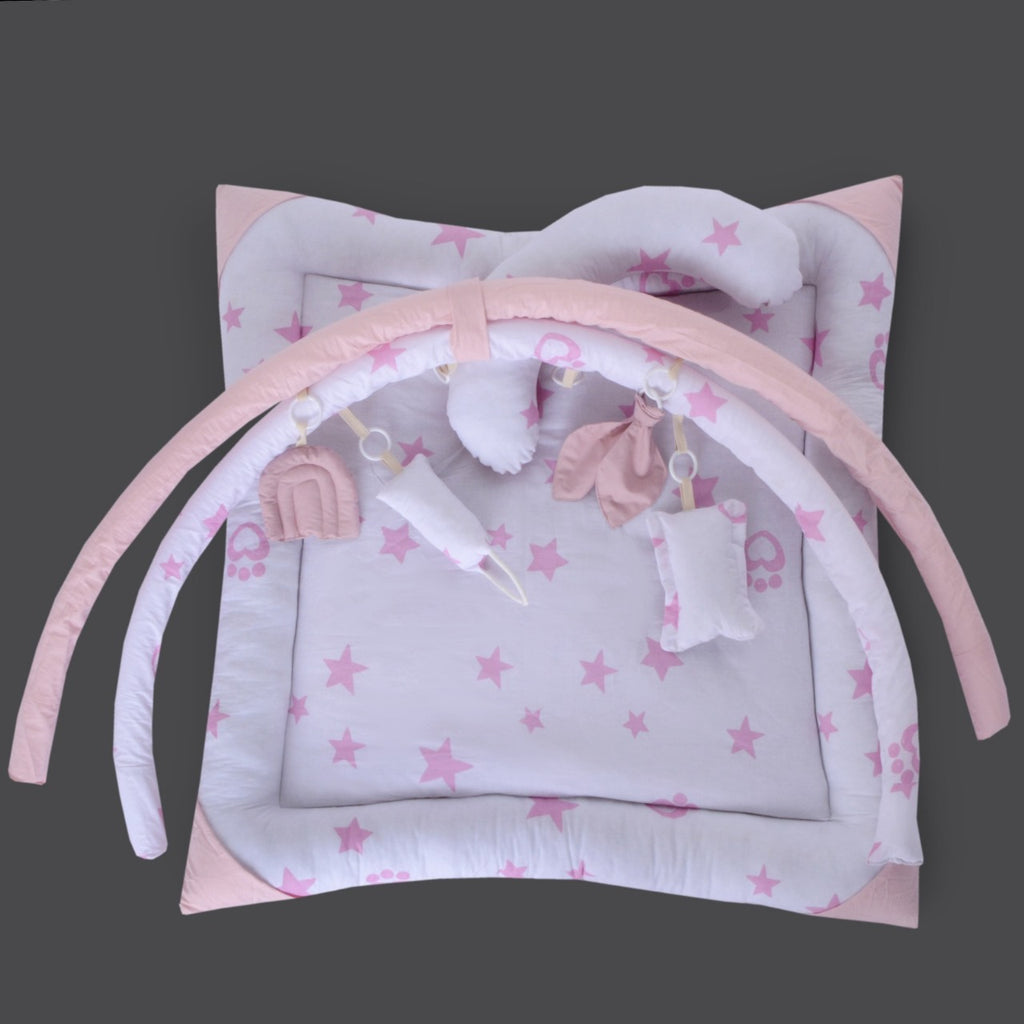 Printed Cotton Baby Playing Mat with Hanging Cushions & Pillow – Pink Star