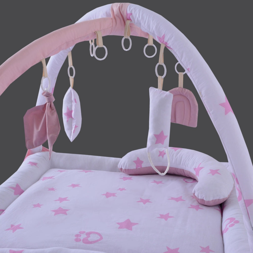 Printed Cotton Baby Playing Mat with Hanging Cushions & Pillow – Pink Star