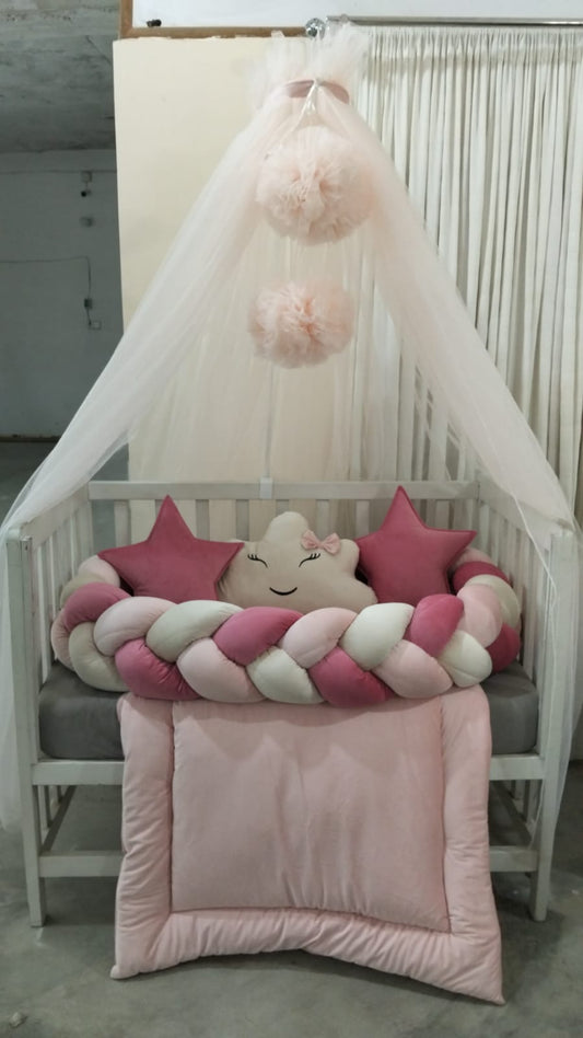 Luxury Velvet Baby Canopy Set – Pink | 8-Piece Newborn Bedding & Nest Set