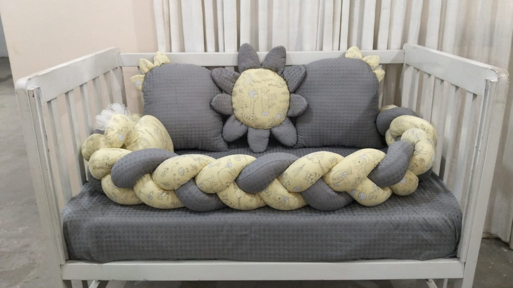 Printed Cotton Baby Cot Set – Gray | 7-Piece Newborn Bedding & Blanket Set
