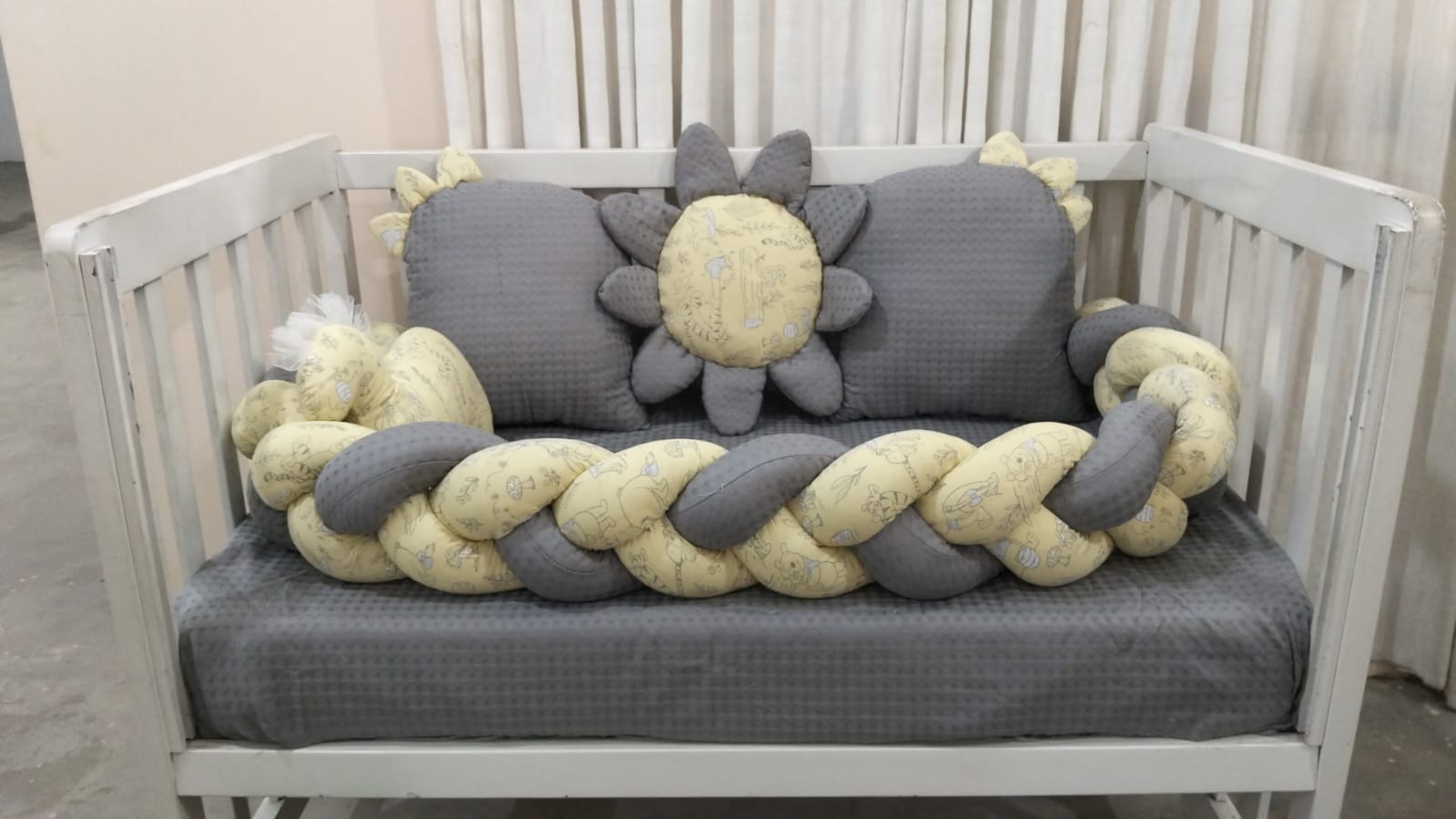 Printed Cotton Baby Cot Set – Gray | 7-Piece Newborn Bedding & Blanket Set