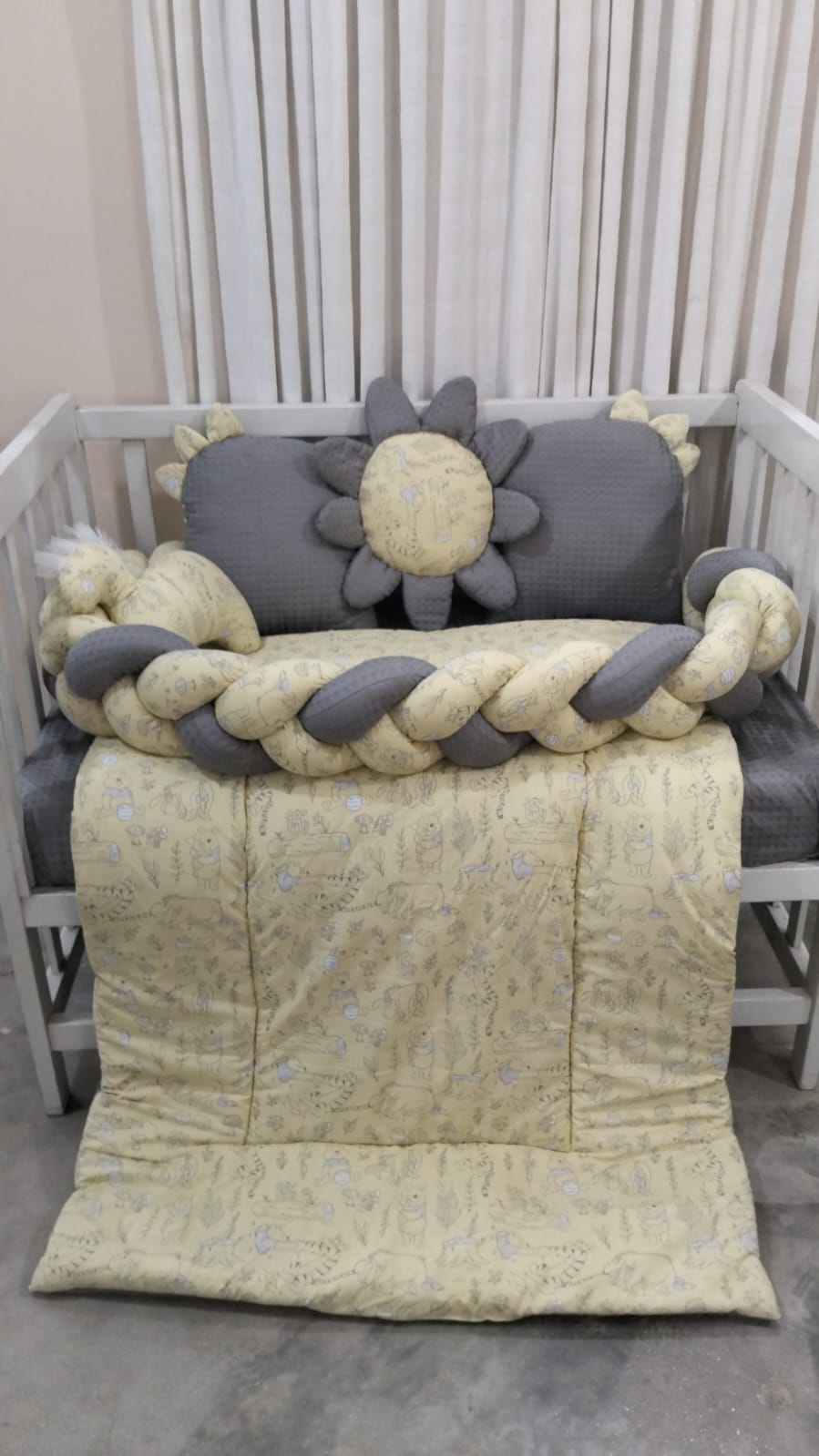 Printed Cotton Baby Cot Set – Gray | 7-Piece Newborn Bedding & Blanket Set