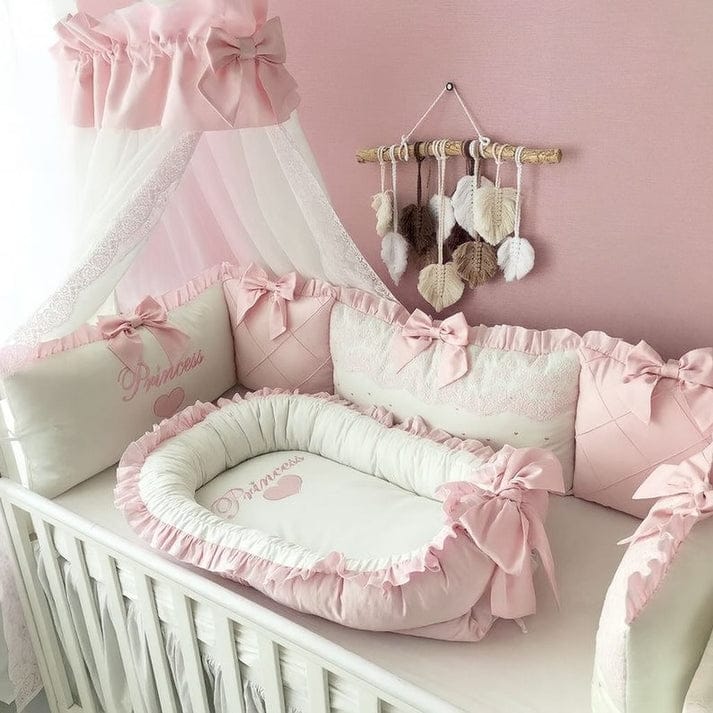 Cotton Baby Canopy Set – White & Pink | 8-Pcs Baby Nest & Bedding Set