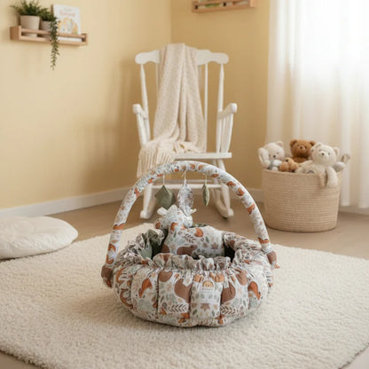 Printed Cotton Baby Round Cot with Pillow & Toy Hanging Rod – Green Deer
