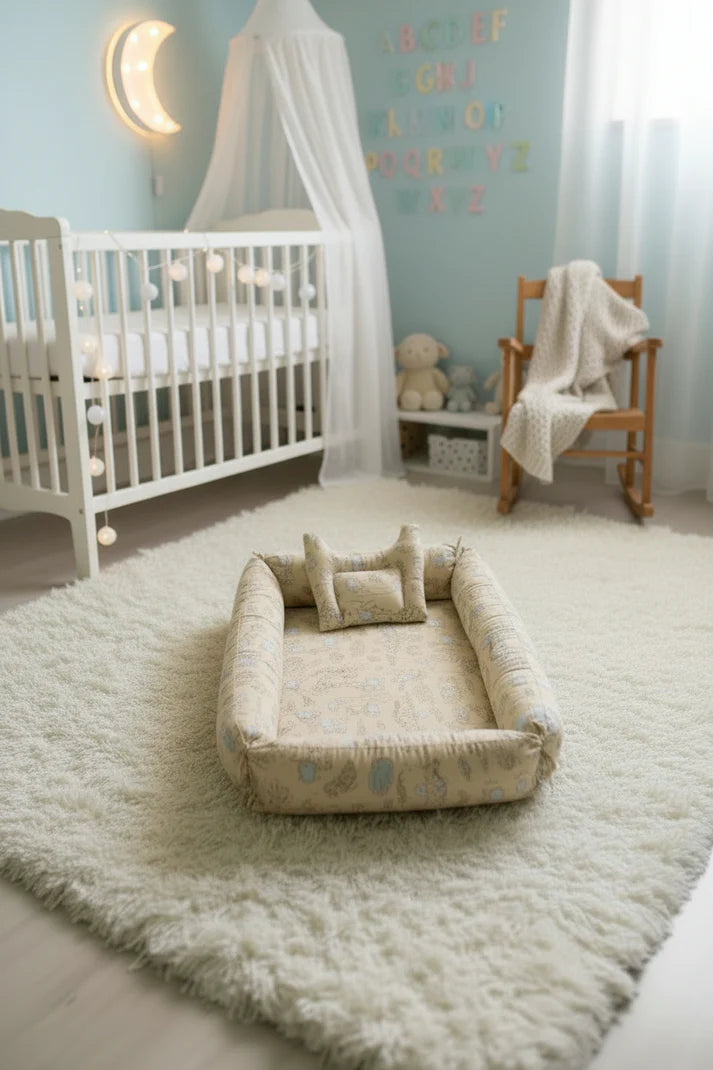 Printed Cotton Baby Sleeping Nest with Pillow – Lemon Yellow