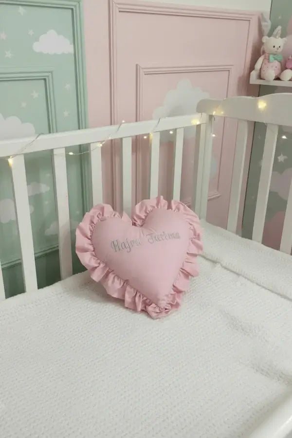 Customized Name Frilly Heart Pillow – Pink | Personalized Soft Baby Cushion