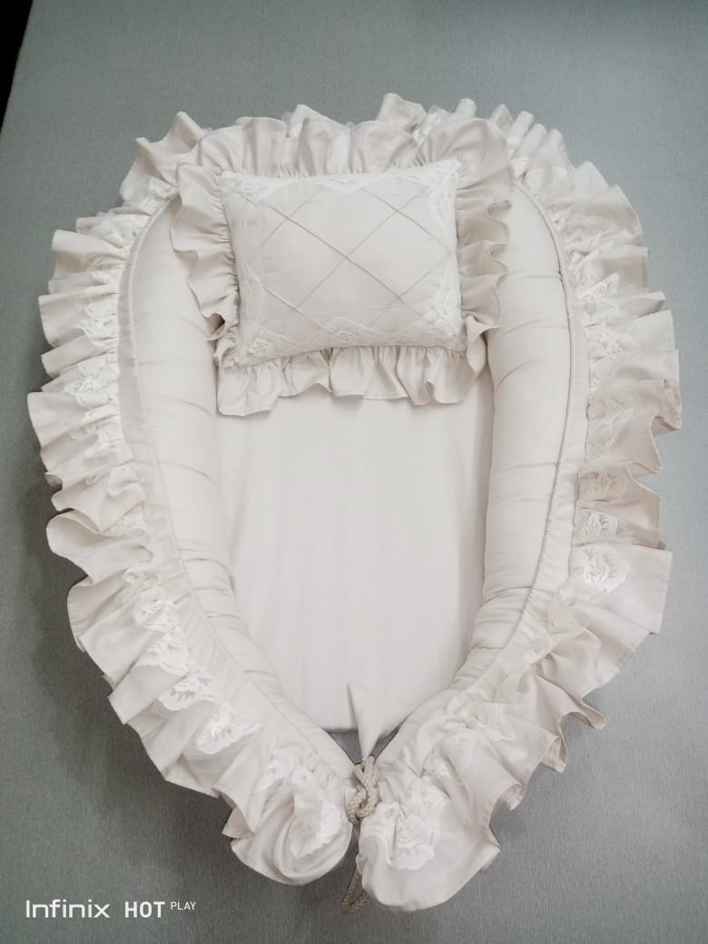 Luxury Double Frilly Baby Nest with Pillow – Beige | Soft Cotton Newborn Bed