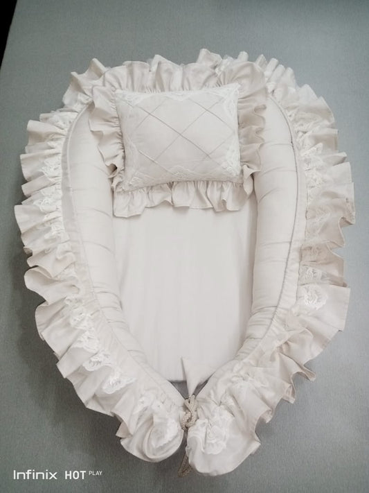 Luxury Double Frilly Baby Nest with Pillow – Beige | Soft Cotton Newborn Bed