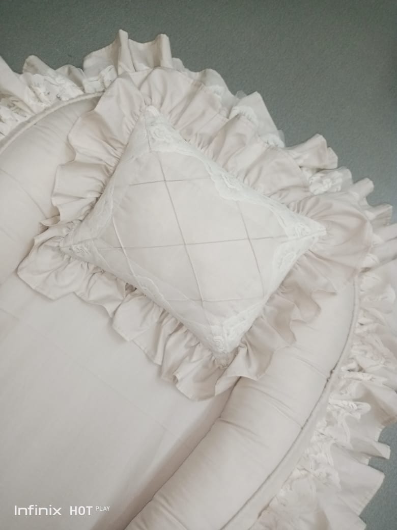 Luxury Double Frilly Baby Nest with Pillow – Beige | Soft Cotton Newborn Bed