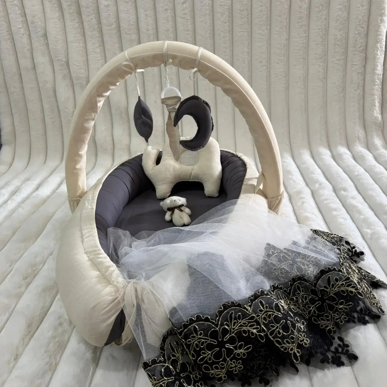 Luxury Cotton Baby Snuggle Set with Mosquito Net, Pillow & Toy Rod – Cream | Soft Newborn Baby Nest