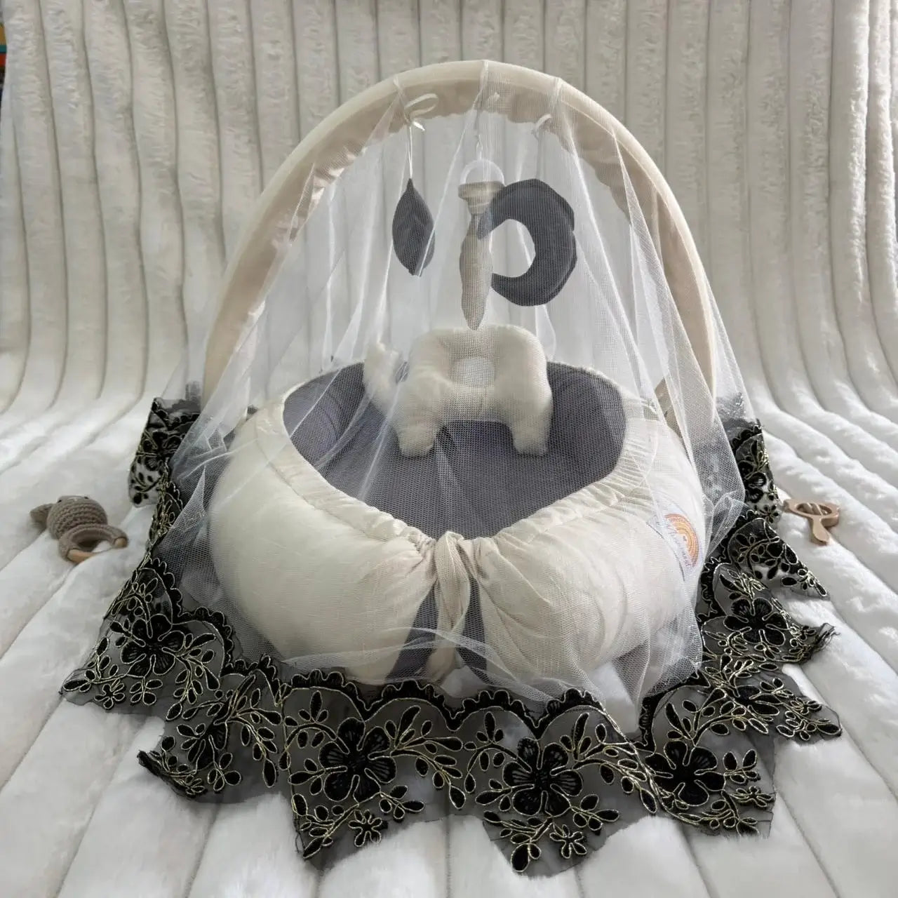 Luxury Cotton Baby Snuggle Set with Mosquito Net, Pillow & Toy Rod – Cream | Soft Newborn Baby Nest