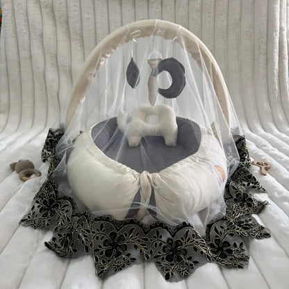 Luxury Cotton Baby Snuggle Set with Mosquito Net, Pillow & Toy Rod – Cream | Soft Newborn Baby Nest