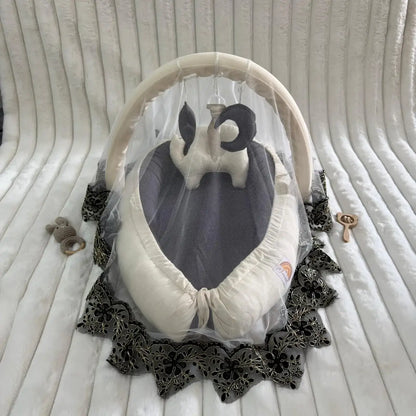 Luxury Cotton Baby Snuggle Set with Mosquito Net, Pillow & Toy Rod – Cream | Soft Newborn Baby Nest
