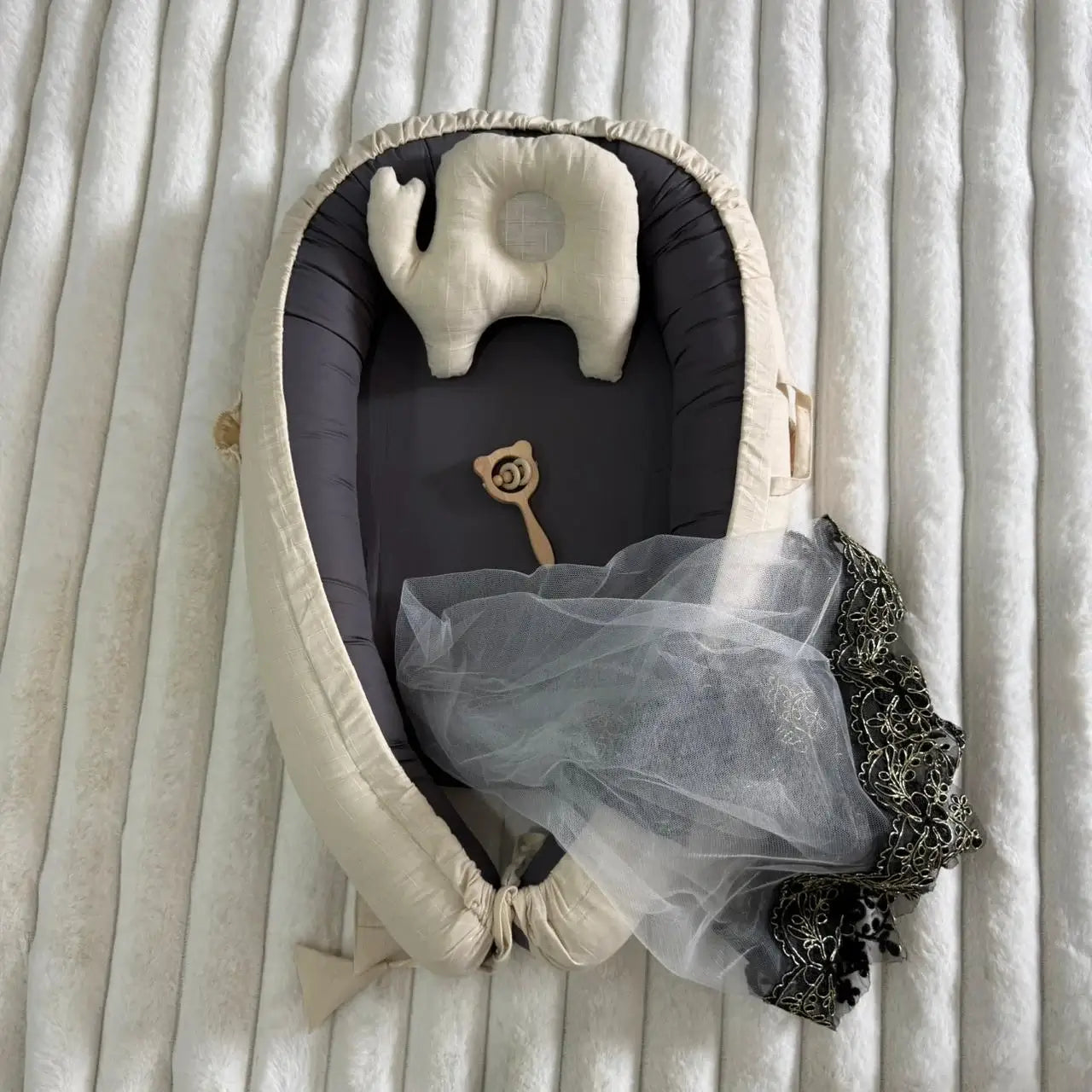 Luxury Cotton Baby Snuggle Set with Mosquito Net, Pillow & Toy Rod – Cream | Soft Newborn Baby Nest