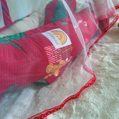 Printed Cotton Baby Snuggle Set with Mosquito Net, Pillow & Toy Rod – Beige Teddy 🧸