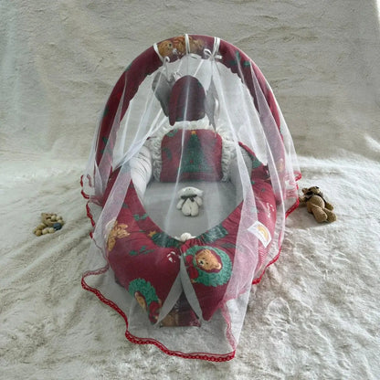 Printed Cotton Baby Snuggle Set with Mosquito Net, Pillow & Toy Rod – Beige Teddy 🧸