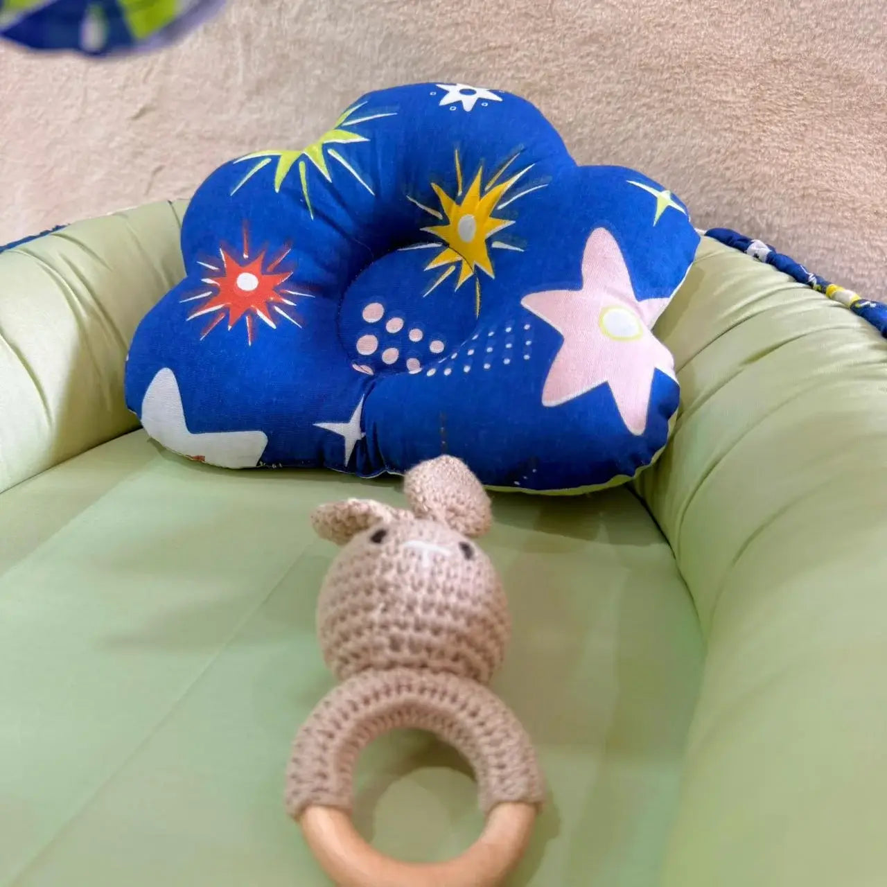 Printed Cotton Baby Snuggle Set with Mosquito Net, Pillow & Toy Rod – Shiny Pastel Green