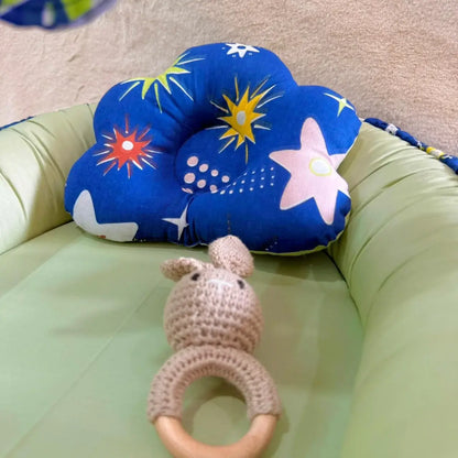 Printed Cotton Baby Snuggle Set with Mosquito Net, Pillow & Toy Rod – Shiny Pastel Green