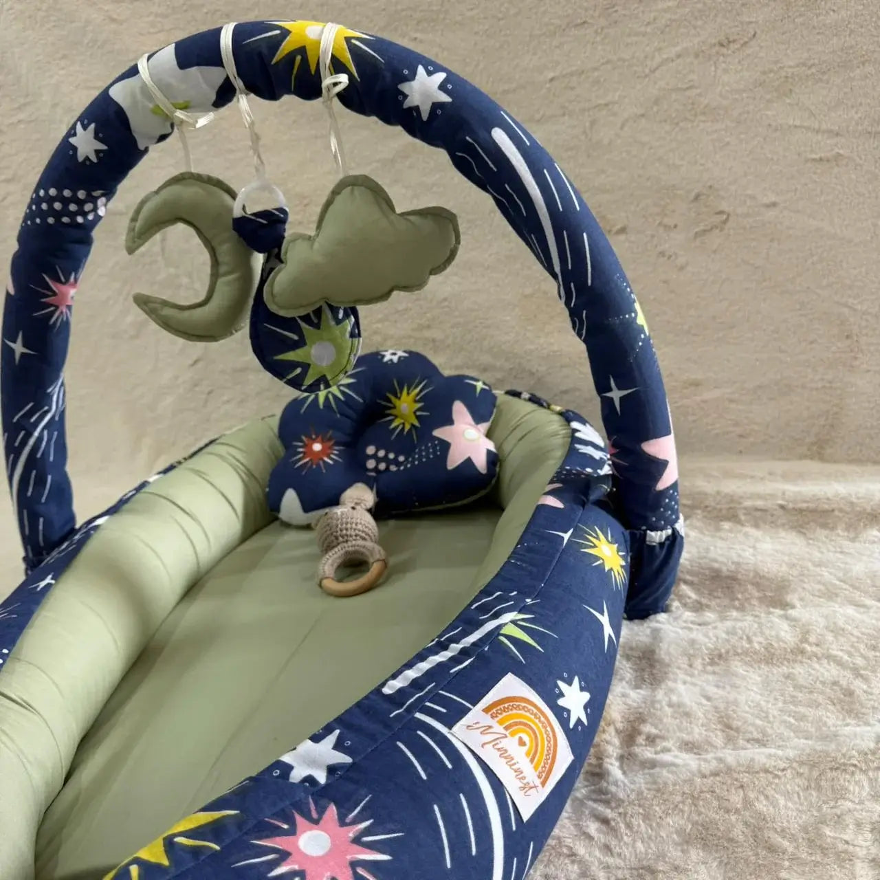 Printed Cotton Baby Snuggle Set with Mosquito Net, Pillow & Toy Rod – Shiny Pastel Green