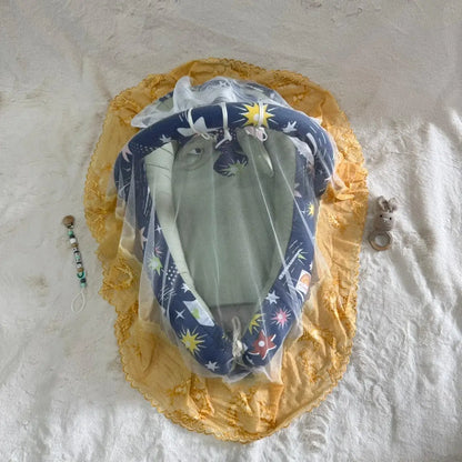Printed Cotton Baby Snuggle Set with Mosquito Net, Pillow & Toy Rod – Shiny Pastel Green