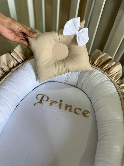 Frilly Cotton Baby Nest with Head Pillow – Biege Prince