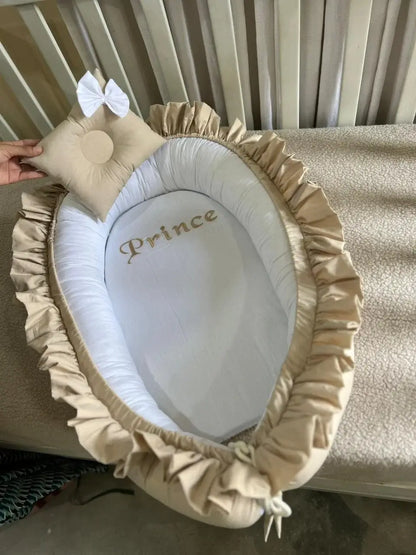 Frilly Cotton Baby Nest with Head Pillow – Biege Prince